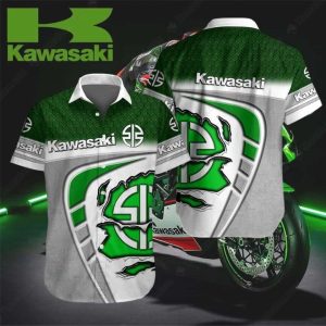 Kawasaki Motorcycle Logo Green Hexagon Pattern Hawaiian Shirt for Fans and Riders