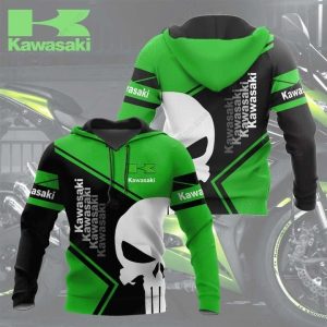 Kawasaki Punisher Skull Graphic Hoodie with Bold Green and Black Design