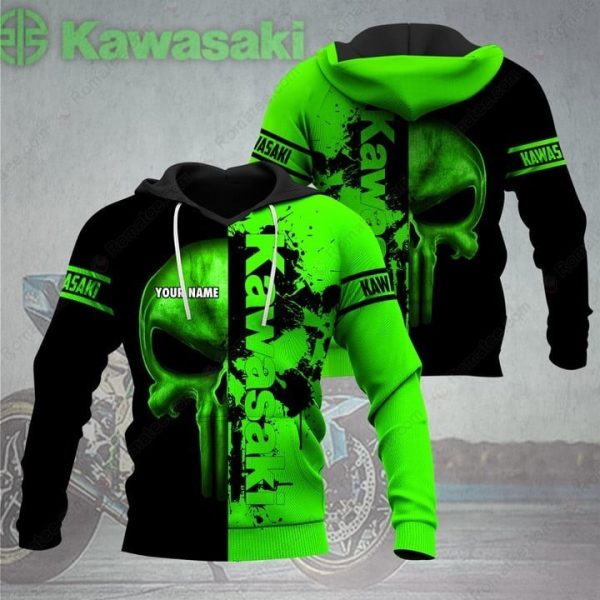 Kawasaki Punisher Skull Hoodie with Neon Green Graphic Art and Distressed Design