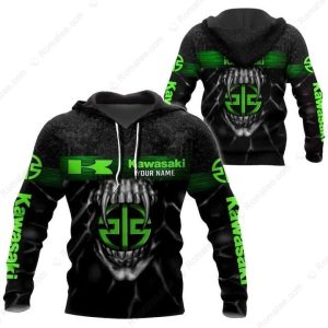 Kawasaki Racing Custom Skull Hoodie with Monster Canine Art and Bold Green Graphics