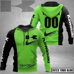 Kawasaki Racing Just Drift It Hoodie with Bold Green & Black Design, Customizable Name Design