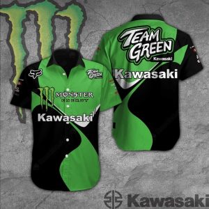 Kawasaki Racing Team Green Hawaiian Shirt with Monster Energy Graphics