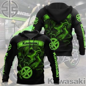 Kawasaki Racing Team Green Skull Graphic Hoodie with Bold Skull Art and Iconic Logo