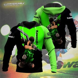 Kawasaki Racing Team Mickey Mouse Graphic Hoodie with Bold Green and Black Design