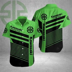 Kawasaki Racing Team Striped Hawaiian Shirt Green Black Graphic Design Apparel