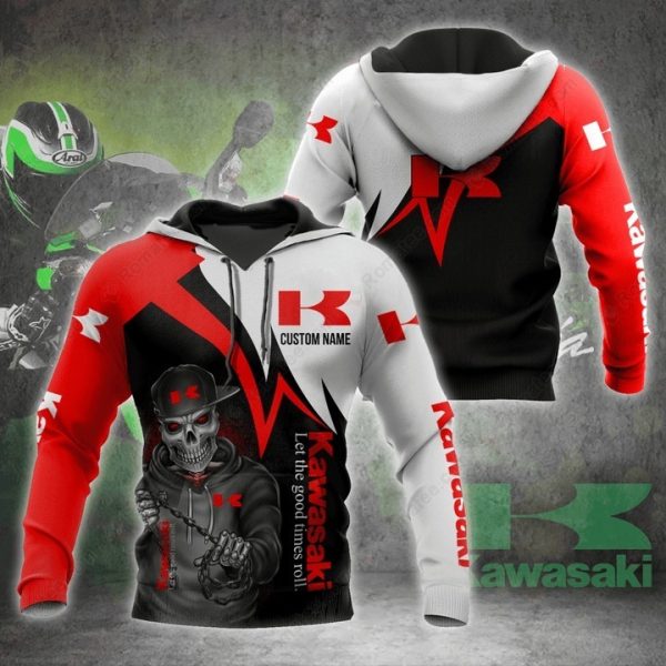 Kawasaki Skull Biker Hoodie with Custom Name and Let the Good Times Roll Art