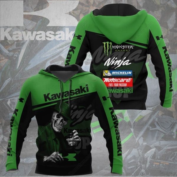 Kawasaki Skull Biker Hoodie with Ninja Racing Graphics and Shot Glass Design