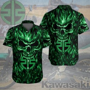 Kawasaki Skull Flame Graphic Hawaiian Shirt – Bold Green Flame Skull Art Design