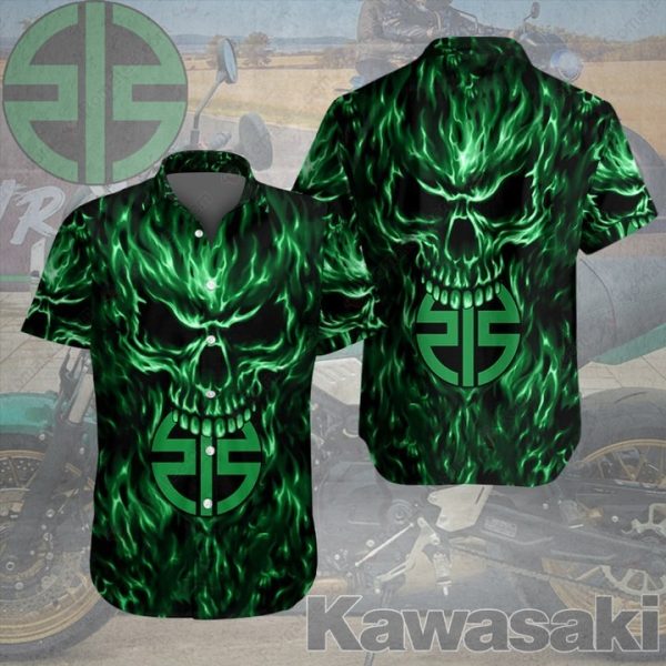 Kawasaki Skull Flame Graphic Hawaiian Shirt – Bold Green Flame Skull Art Design