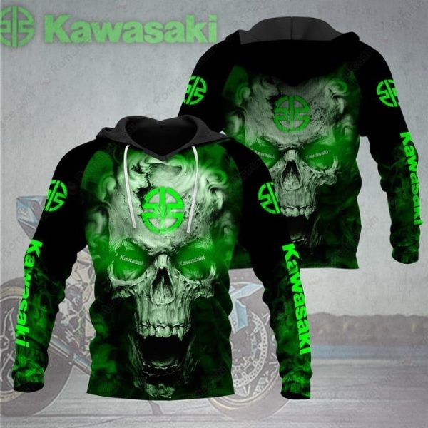 Kawasaki Skull Graphic Hoodie with Fiery Green Flames and Bold Logo Design