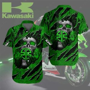 Kawasaki Skull Hands Hawaiian Shirt with Green and Black Grunge Art Design