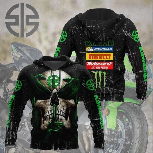 Kawasaki Skull No See No Hear No Speak Hoodie with Racing Logos and Graphic Art