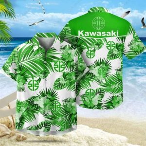 Kawasaki Tropical Hawaiian Shirt with Vibrant Green Palm Leaves and Logo Design