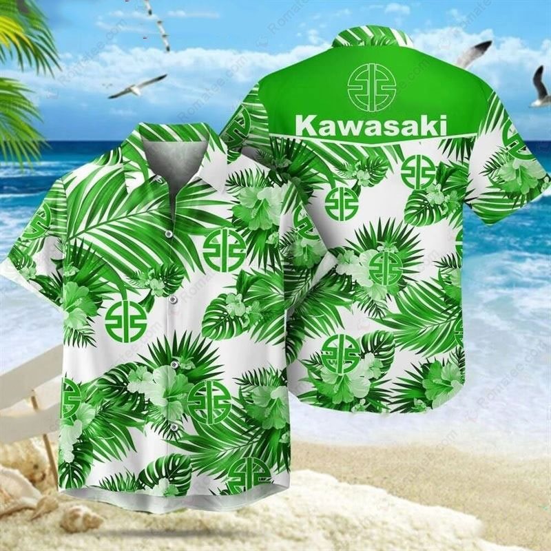 Kawasaki Tropical Hawaiian Shirt with Vibrant Green Palm Leaves and Logo Design Kawasaki Tropical Hawaiian Shirt with Vibrant Green Palm Leaves and Logo Design