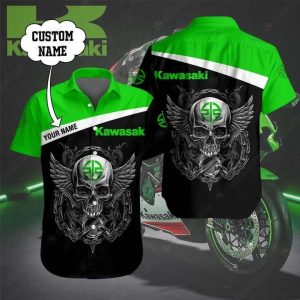 Kawasaki Winged Skull Custom Name Hawaiian Shirt with Edgy Motorcycle Art