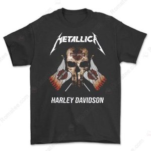 Metallica Harley-Davidson Skull Graphic Tee with Crossed Guitars and Flames Design