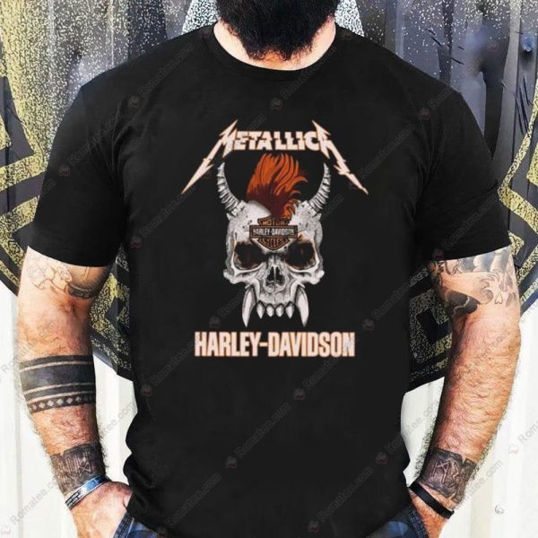 Metallica Harley-Davidson Skull Graphic Tee with Rock Theme and Iconic Design