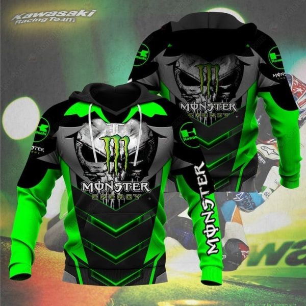 Monster Energy Kawasaki Racing Team Punisher Skull Hoodie with Bold Graphics and Edgy Design