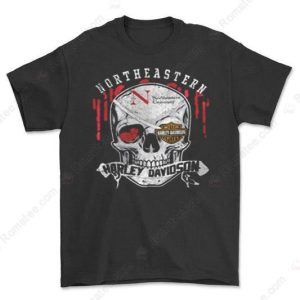 Northeastern University Harley-Davidson Skull Graphic Tee with Red Accents and Vintage Design