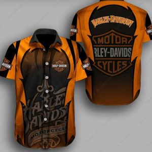 Orange Harley-Davidson Logo Graphic Print Hawaiian Shirt for Motorcycle Enthusiasts