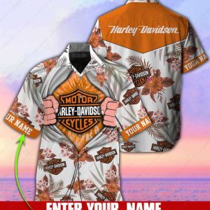 Personalized Harley-Davidson Floral Aloha Shirt with Custom Name Design