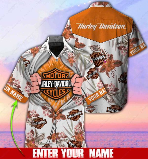 Personalized Harley-Davidson Floral Aloha Shirt with Custom Name Design