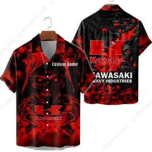 Personalized Kawasaki Grim Reaper Skull Hawaiian Shirt with Flaming Design