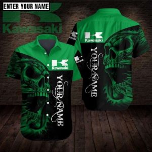 Personalized Kawasaki Skull Graphic Hawaiian Shirt with Bold Green Design and Custom Name