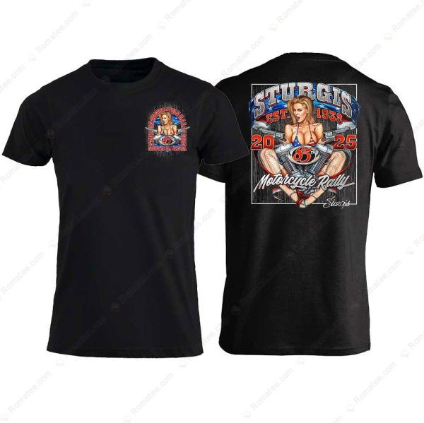 Pin-Up Girl Sturgis 2025 Motorcycle Rally T-Shirt, Vintage Pin-Up and Engine Motorcycle Design