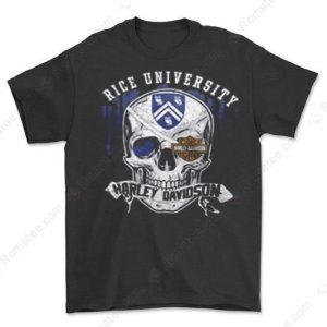 Rice University Harley-Davidson Skull Graphic Tee with Shield Emblem and Vintage Style