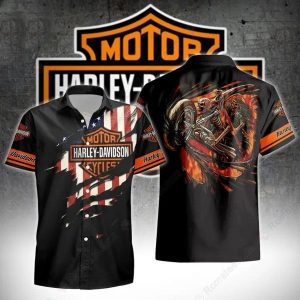 Skeleton Grim Reaper Harley-Davidson Hawaiian Shirt with Flames and Retro American Flag Design