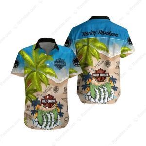 Skeleton Hand Coconut Beach Harley-Davidson Hawaiian Shirt with Tropical Palm Design