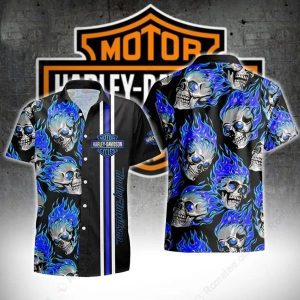 Skull and Flames Harley-Davidson Hawaiian Shirt – Dark Blue Fire Design