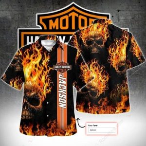 Skull on Fire Harley-Davidson Custom Hawaiian Shirt with Flame Art Design