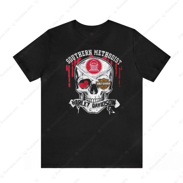 Southern Methodist University Harley Davidson Skull Graphic Tee with Red Blood Drips