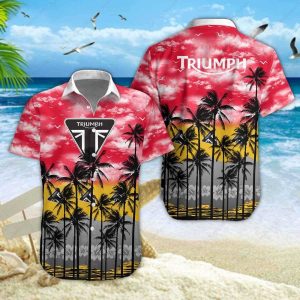 Sunset Palms Triumph Motorcycle Hawaiian Shirt with Tropical Vibes and Bold Colors