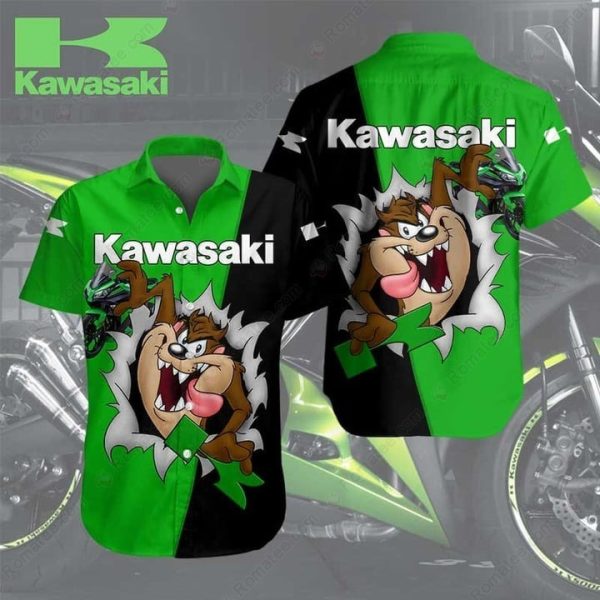 Taz Looney Tunes Kawasaki Graphic Shirt – Vibrant Green Taz Art with Motorcycle Design