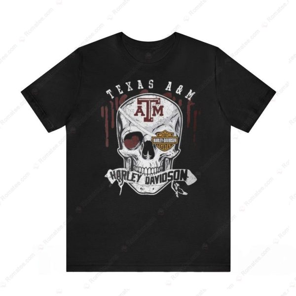 Texas A&M University Harley-Davidson Skull Graphic Tee with Distressed Design