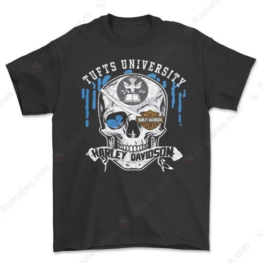 Tufts University Harley-Davidson Skull Graphic Tee with Vintage Artwork and Bold Colors