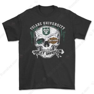 Tulane University Skull Graphic Tee with Harley-Davidson Logo and Distressed Art