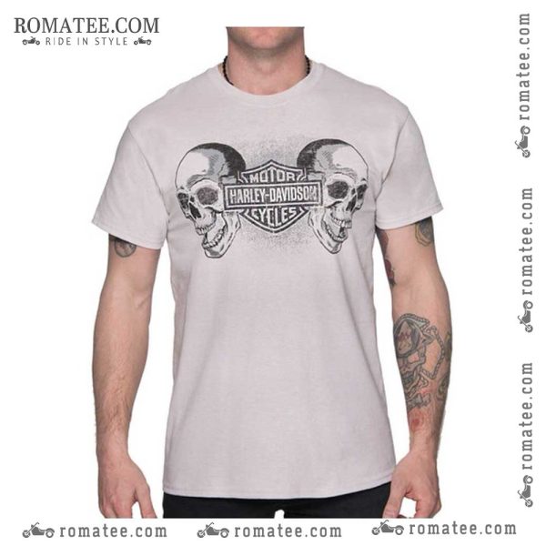 Two Skull Harley Davidson Graphic Tee with Vintage Motorcycle Design