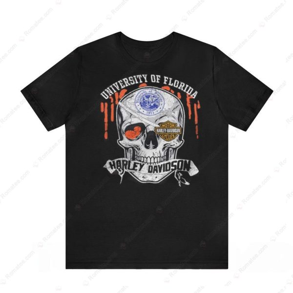 University of Florida Harley Davidson Skull Graphic Tee with Vintage Design and Bold Colors