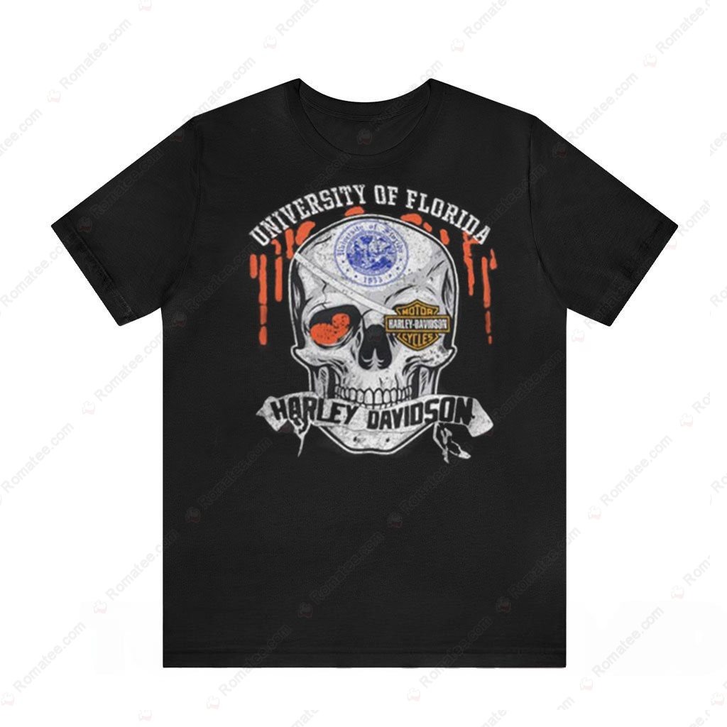 University of Florida Harley Davidson Skull Graphic Tee with Vintage Design and Bold Colors