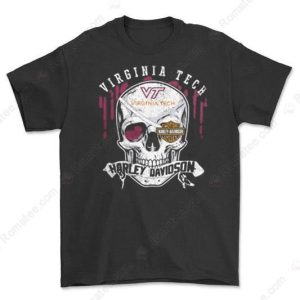 Virginia Tech Harley-Davidson Skull Graphic T-Shirt with Distressed Art Design