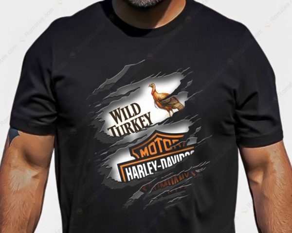 Wild Turkey Motor Harley Davidson T-Shirt with Torn Graphic Design and Bold Logo Art