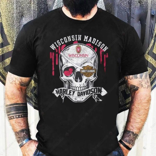 Wisconsin Madison Harley Davidson Skull Graphic Tee with Vintage Style Art