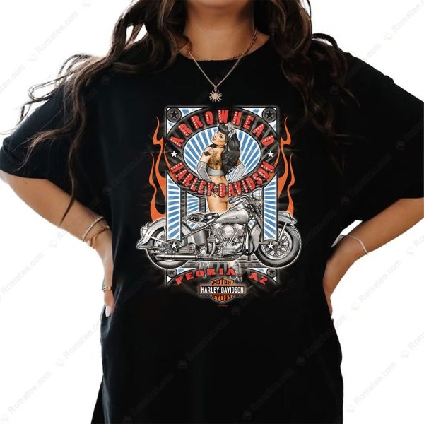 Arrow Head Harley-Davidson Pin-Up Girl Vintage Motorcycle Graphic T-Shirt for Bikers