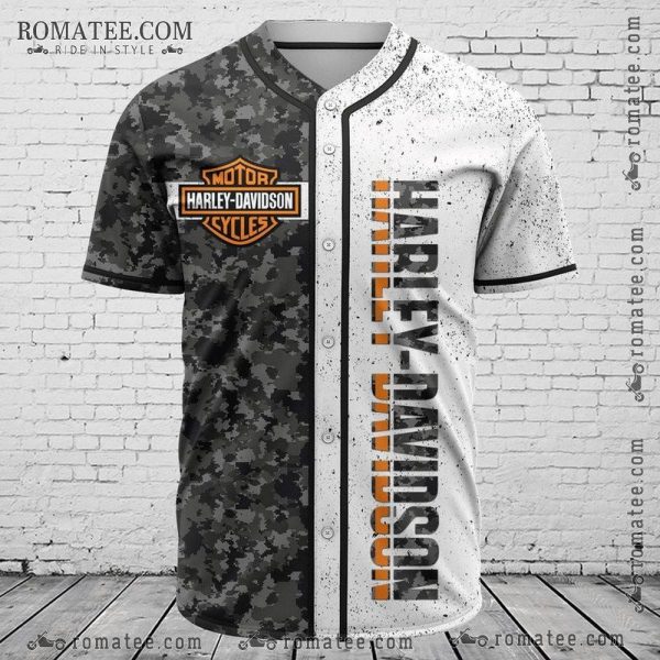 Camo Harley Davidson Baseball Jersey Shirt with Bold Logo and Urban Military Design