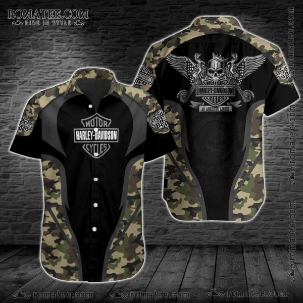 Camo Harley Davidson Winged Skull Motorcycle Jersey Shirt with Bold Graphics