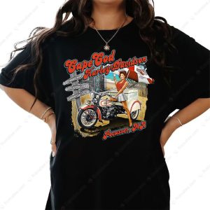 Cape Cod Harley-Davidson Pin-Up Girl Vintage Motorcycle T-Shirt, Retro Art Design